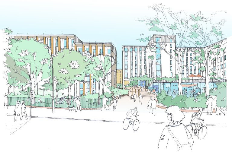 A street view artist impression of the Fallowfield campus redevelopment masterplan for the University of Manchester